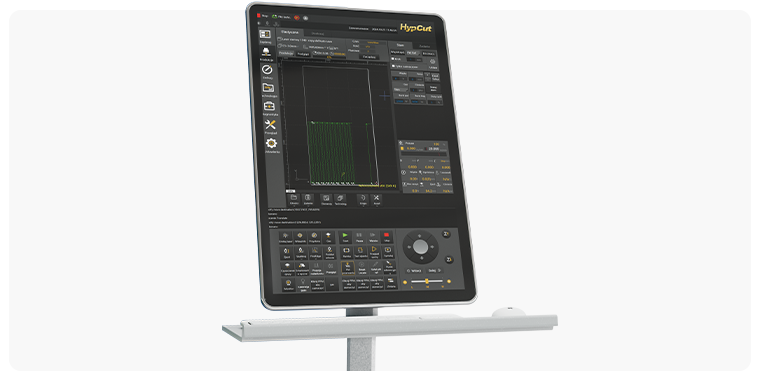 HypCut CNC laser cutting control panel with a touchscreen interface displaying cutting parameters, nesting layout, and machine operation controls.