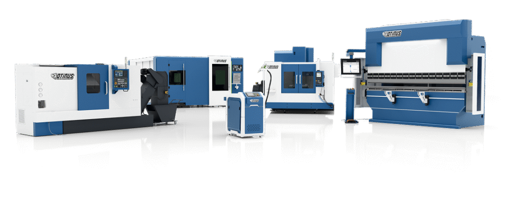 Overview of all Otinus machine groups, including CNC lathe, enclosed laser cutting machine, laser welding machine, CNC milling machine, and hydraulic press brake.