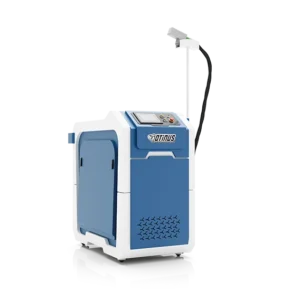 Otinus laser cleaning machine with mobile cabinet, touchscreen control panel, and handheld laser cleaning head, isolated on a transparent background.
