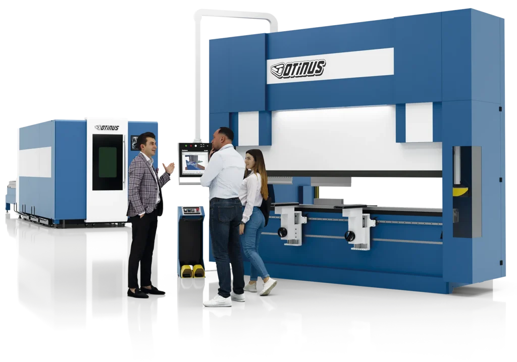 A modern CNC press brake with an integrated control panel, shown during a technical consultation—three people discussing machine operation in an industrial setting. The scene highlights professional collaboration, advanced sheet-metal bending technology, and a clean, production-ready environment.