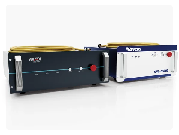 Fiber laser sources from MAX Photonics and Raycus used in industrial laser cutting machines.