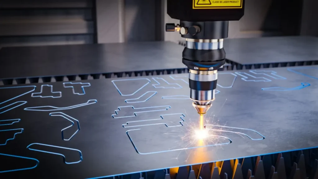 Plasma cutting of metal sheets in an industrial environment.