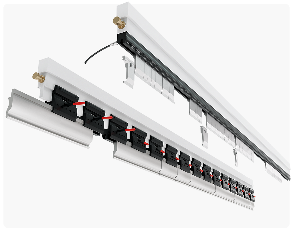 Segmented press brake tooling system with quick-change clamping and adjustable safety fingers, designed for flexible and precise sheet metal bending setups.