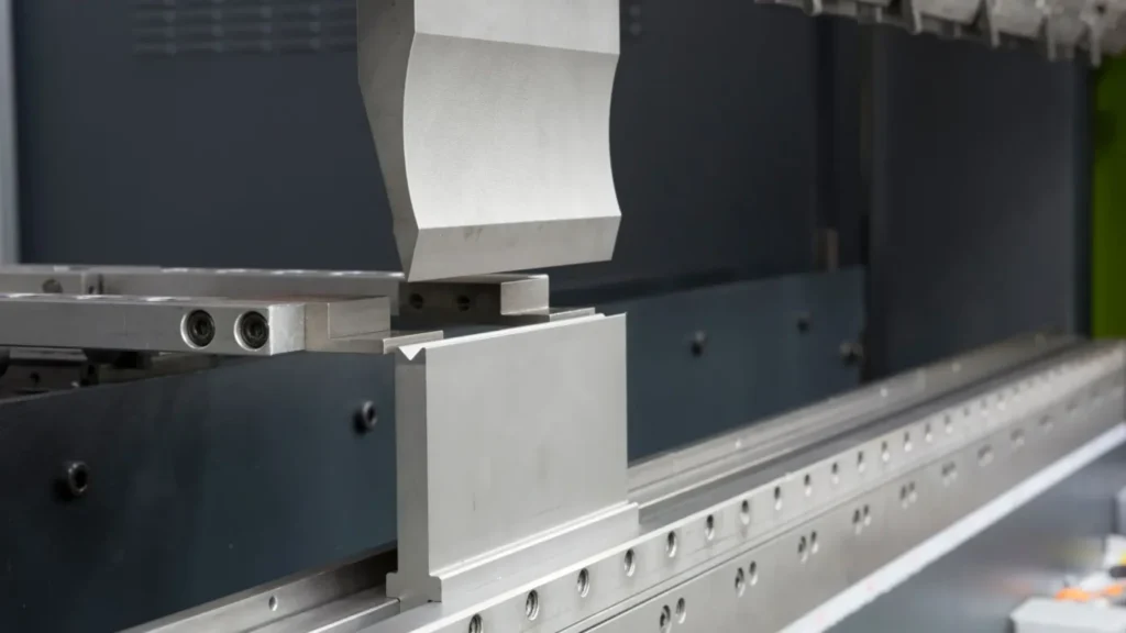 Close-up of press brake tooling with upper punch aligned over a V-die for precision metal bending.