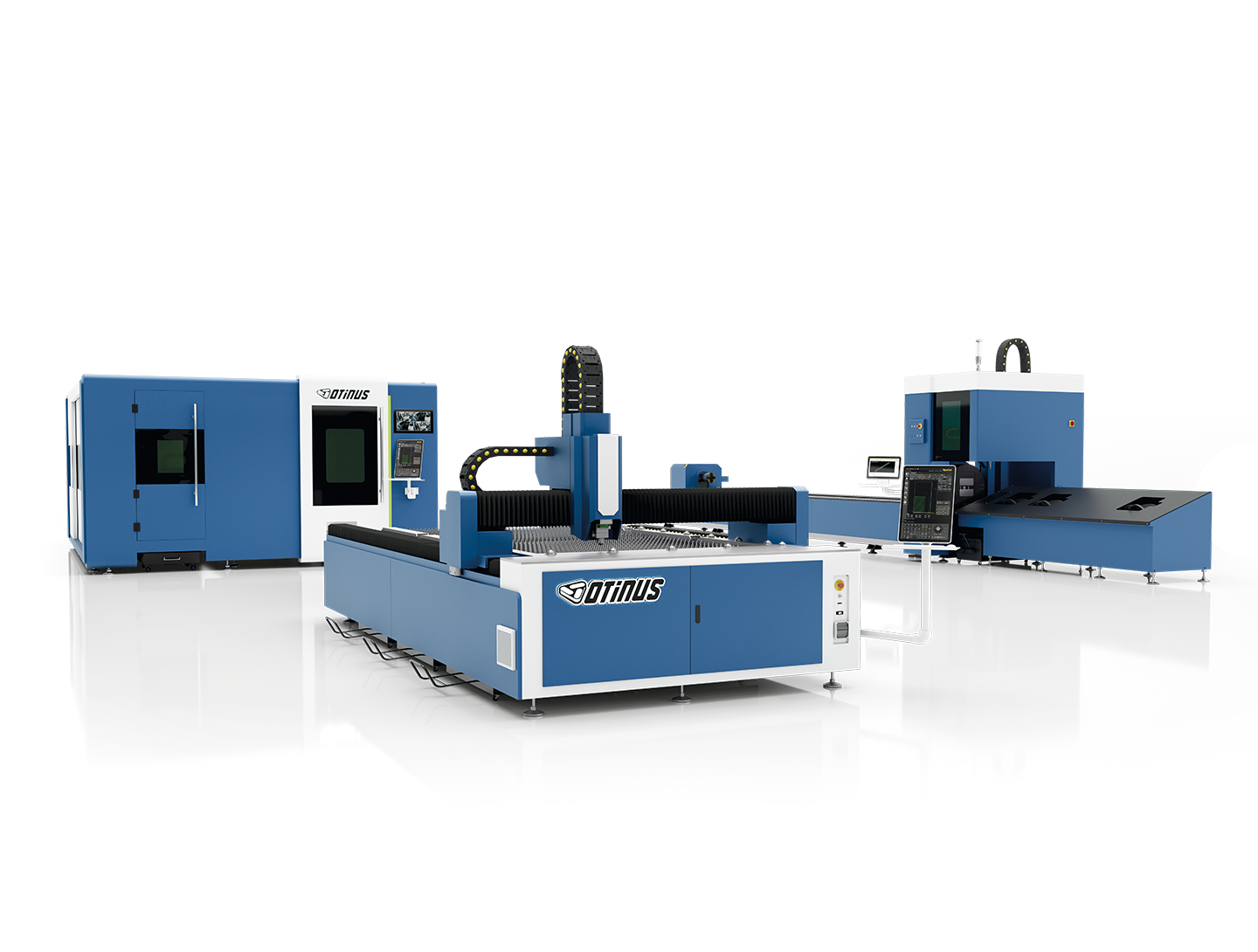 Otinus CNC laser cutting machines in multiple configurations, including open, enclosed, and automated systems, designed for flexible and high-precision sheet metal processing.