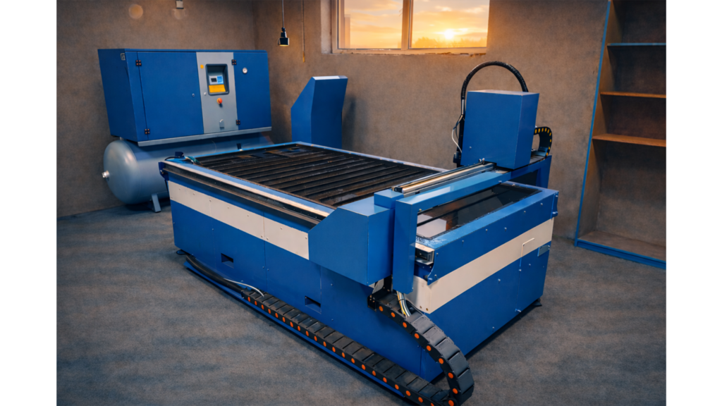 Industrial plasma cutting machine with a water table, equipped with a fully enclosed working cabin and an integrated control system, installed in a production hall.