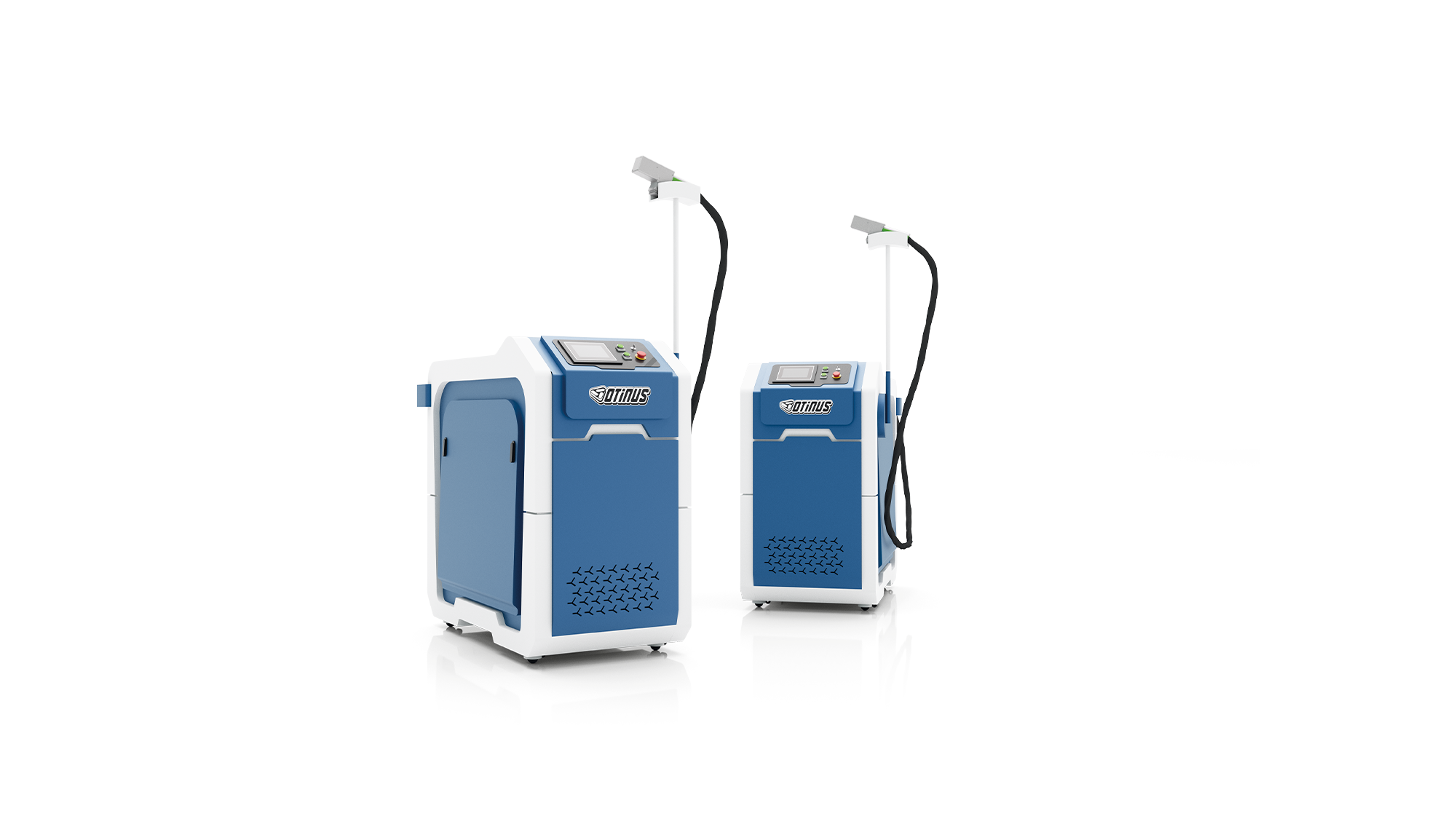 Two compact Otinus laser cleaning machines in white-and-blue enclosures, equipped with connected handheld cleaning heads.